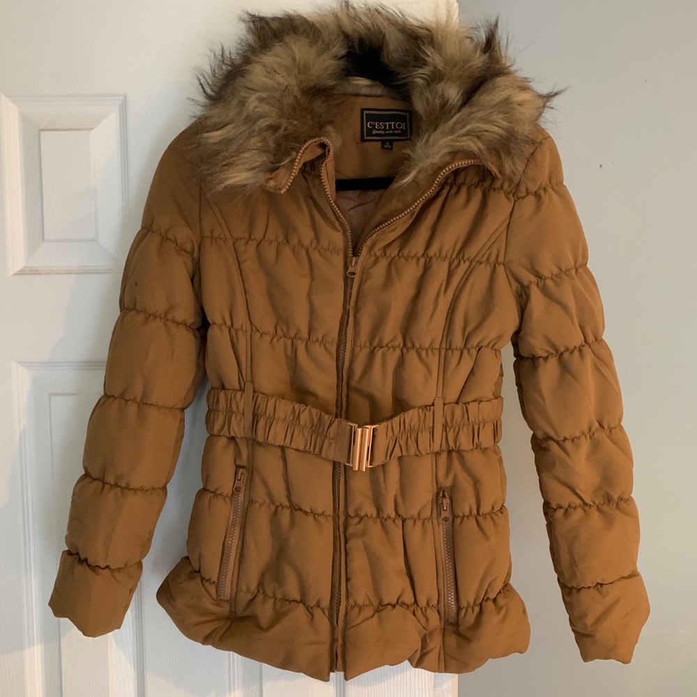 C'est Toi Women's Tan Puffer Jacket with Faux Fur